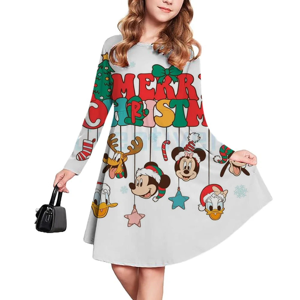 Christmas casual children's clothing autumn fashion Disney Mickey Mouse cartoon printed dress long sleeved pleated skirt girls'