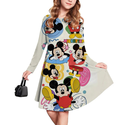 Spring and Autumn New Children's Clothing 3D Printed Romantic Disney Mickey Mouse Girls' Short sleeved Dress 3-14 Year Old Child