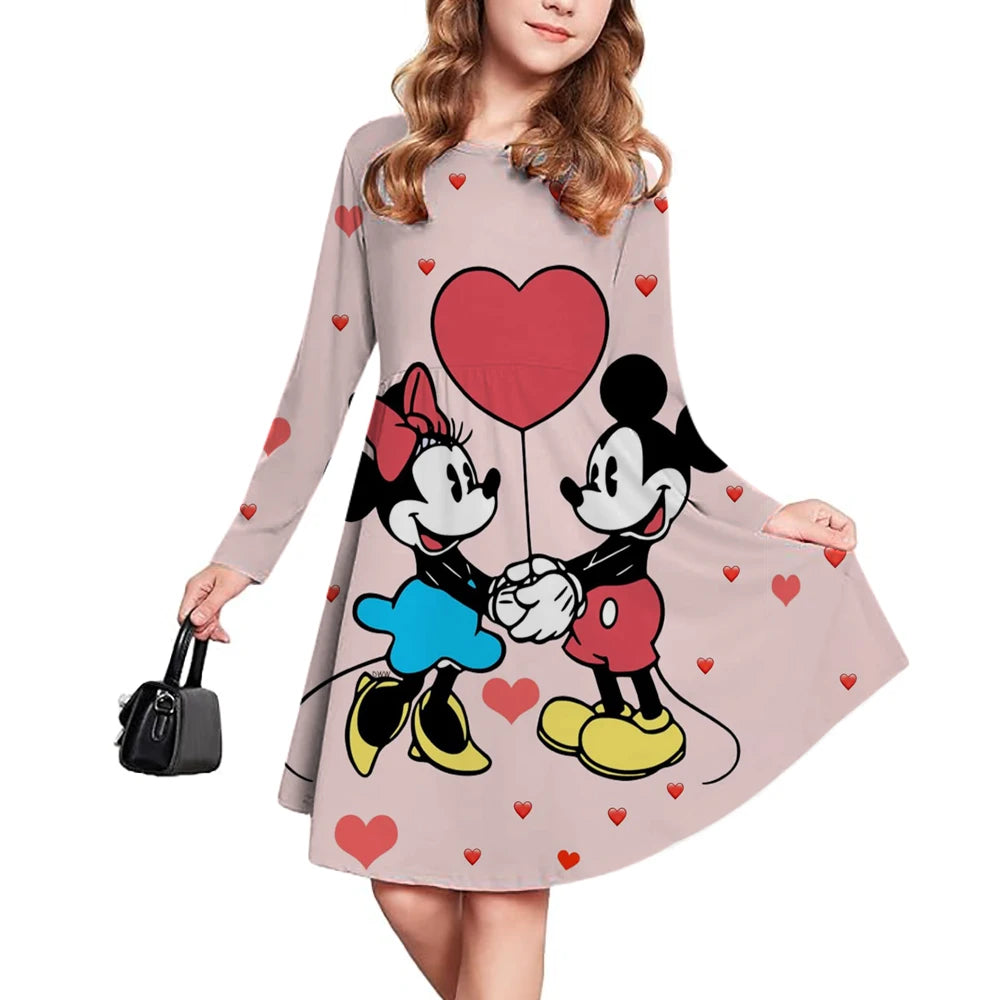 Spring and Autumn New Children's Clothing 3D Printed Romantic Disney Mickey Mouse Girls' Short sleeved Dress 3-14 Year Old Child
