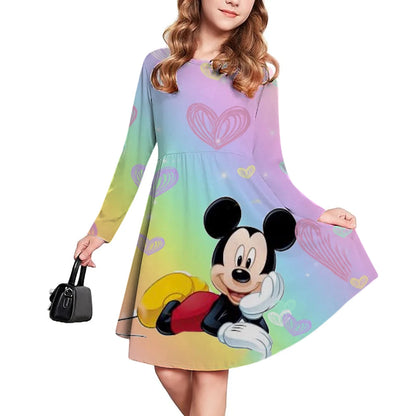 Spring and Autumn New Children's Clothing 3D Printed Romantic Disney Mickey Mouse Girls' Short sleeved Dress 3-14 Year Old Child