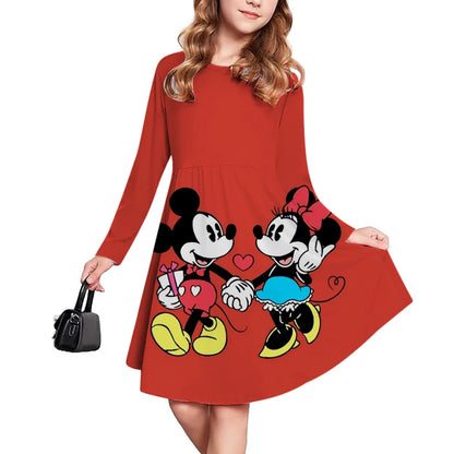 Spring and Autumn New Children's Clothing 3D Printed Romantic Disney Mickey Mouse Girls' Short sleeved Dress 3-14 Year Old Child