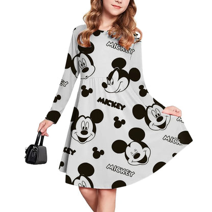 Spring and Autumn New Children's Clothing 3D Printed Romantic Disney Mickey Mouse Girls' Short sleeved Dress 3-14 Year Old Child