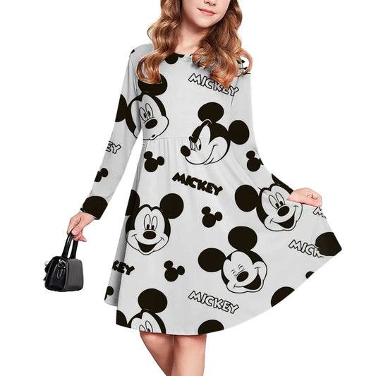 Spring and Autumn New Children's Clothing 3D Printed Romantic Disney Mickey Mouse Girls' Short sleeved Dress 3-14 Year Old Child