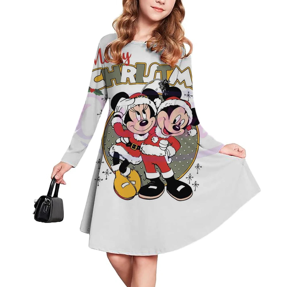 Christmas casual children's clothing autumn fashion Disney Mickey Mouse cartoon printed dress long sleeved pleated skirt girls'