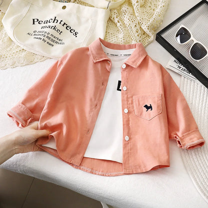 Cotton Button Up Shirt 1-7Y Kids Boy Long Sleeve Blouse Clothes Pure Color Casual Top Versatile Spring Autumn Baby Girls Wear
