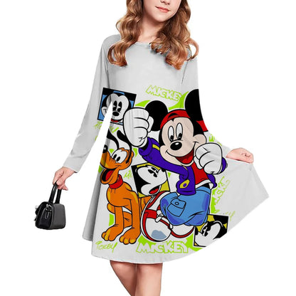 Spring and Autumn New Children's Clothing 3D Printed Romantic Disney Mickey Mouse Girls' Short sleeved Dress 3-14 Year Old Child