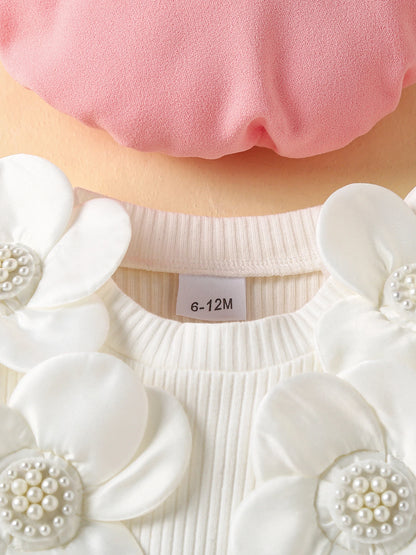 Infant Kids Baby Girls Autumn Skirt Outfits Long Sleeve 3D Flower Decor Ribbed Tops A-line Skirt Beret Set 6M-4T