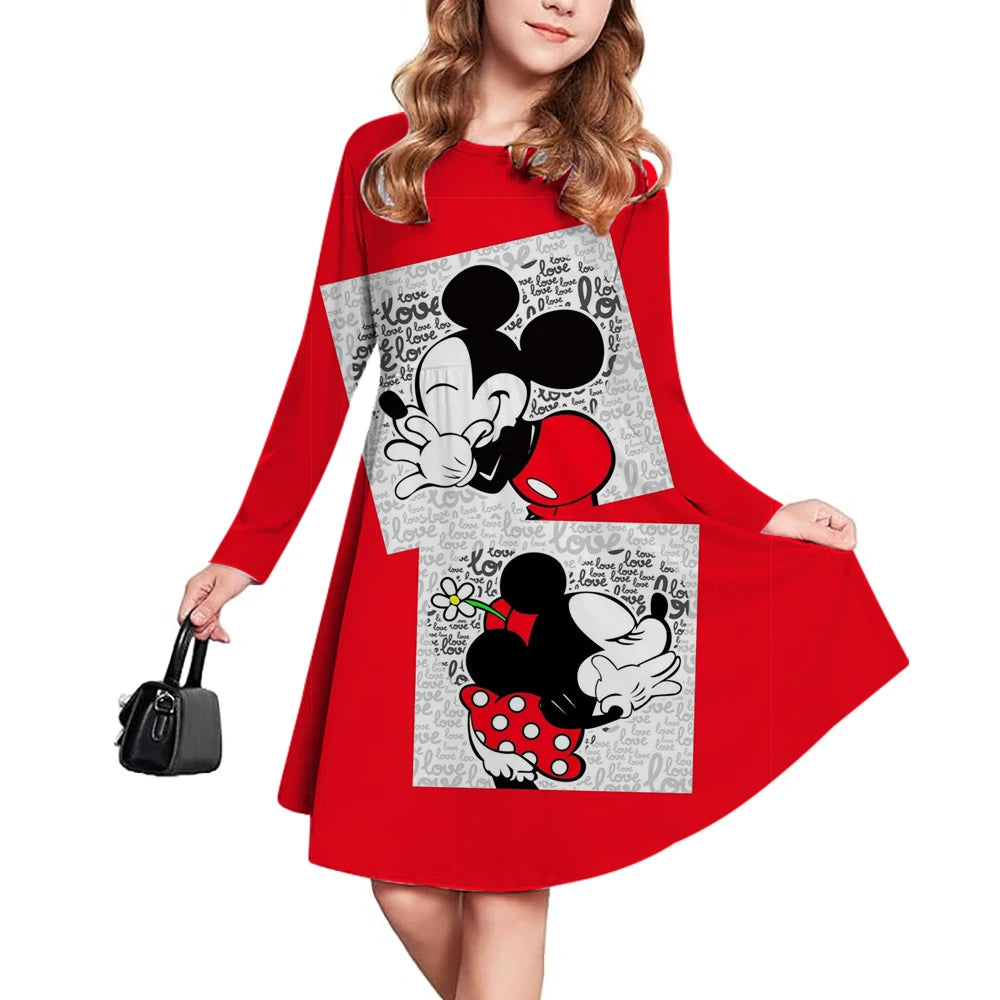 Spring and Autumn New Children's Clothing 3D Printed Romantic Disney Mickey Mouse Girls' Short sleeved Dress 3-14 Year Old Child