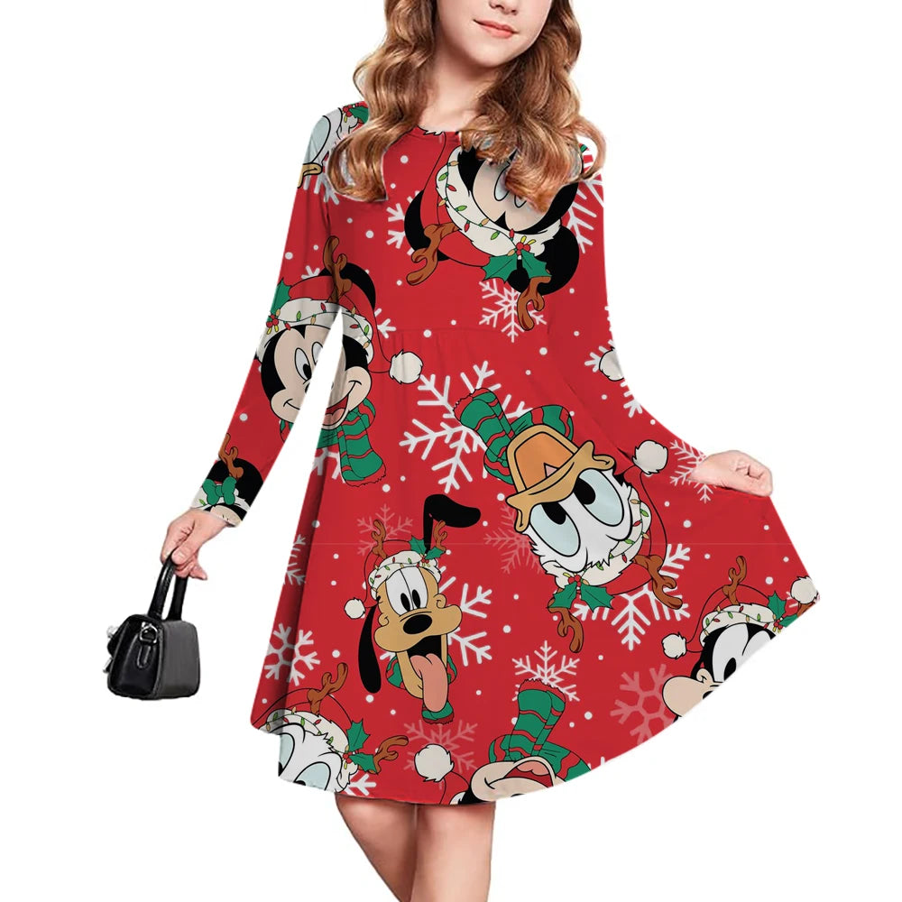 Christmas casual children's clothing autumn fashion Disney Mickey Mouse cartoon printed dress long sleeved pleated skirt girls'