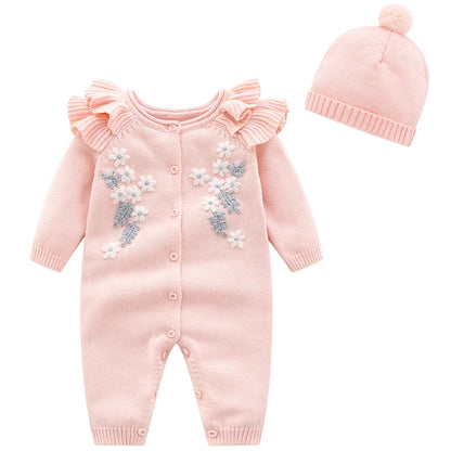 Spring New Toddler Baby Girl Knitting Romper+Hat Floral Embroidery Romper Long Sleeve Autumn Infant Baby Girls Knitting Jumpsuit