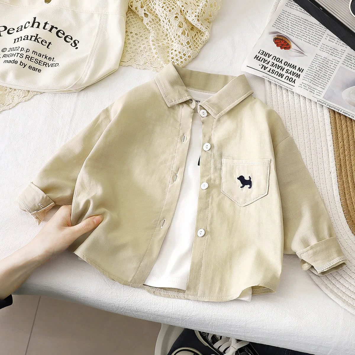 Cotton Button Up Shirt 1-7Y Kids Boy Long Sleeve Blouse Clothes Pure Color Casual Top Versatile Spring Autumn Baby Girls Wear