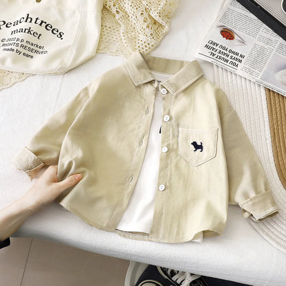 Cotton Button Up Shirt 1-7Y Kids Boy Long Sleeve Blouse Clothes Pure Color Casual Top Versatile Spring Autumn Baby Girls Wear