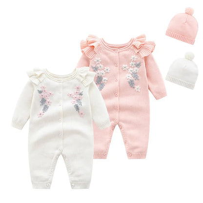Spring New Toddler Baby Girl Knitting Romper+Hat Floral Embroidery Romper Long Sleeve Autumn Infant Baby Girls Knitting Jumpsuit
