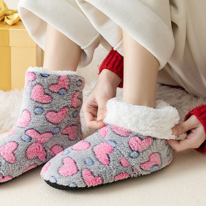 1 Pairs Women Slippers Winter Home Warm Padded Thickened Colorful Love Mid-calf Non Slip Women Floor Shoes