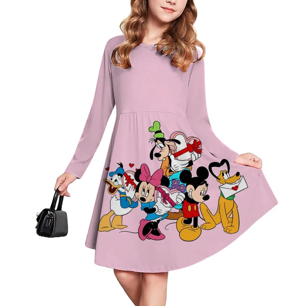 Spring and Autumn New Children's Clothing 3D Printed Romantic Disney Mickey Mouse Girls' Short sleeved Dress 3-14 Year Old Child