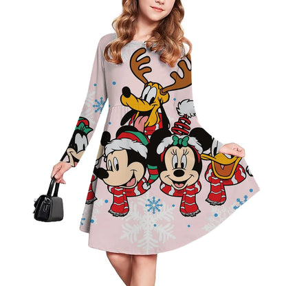 Christmas casual children's clothing autumn fashion Disney Mickey Mouse cartoon printed dress long sleeved pleated skirt girls'