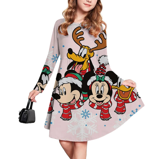 Christmas casual children's clothing autumn fashion Disney Mickey Mouse cartoon printed dress long sleeved pleated skirt girls'