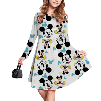 Spring and Autumn New Children's Clothing 3D Printed Romantic Disney Mickey Mouse Girls' Short sleeved Dress 3-14 Year Old Child