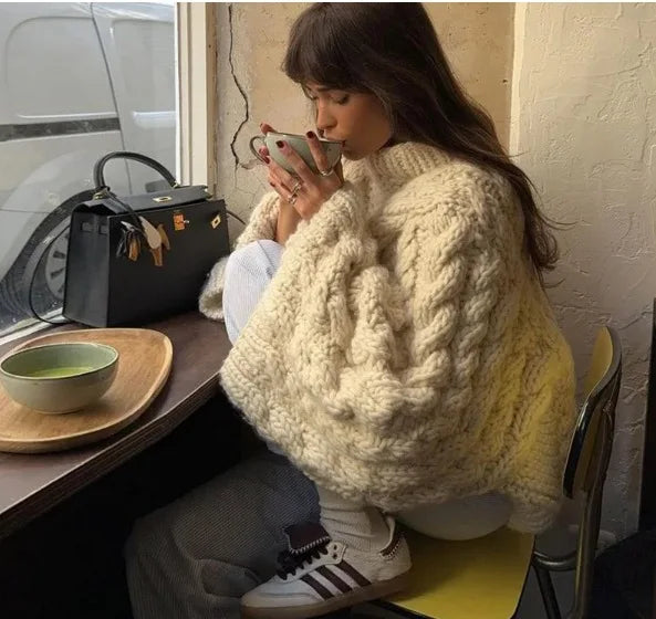 Women's Thick Line Big Twist Knitted Loose Sweater Pullover Fashion Casual Crochet Round Neck Sweaters Solid Color New Knitwear