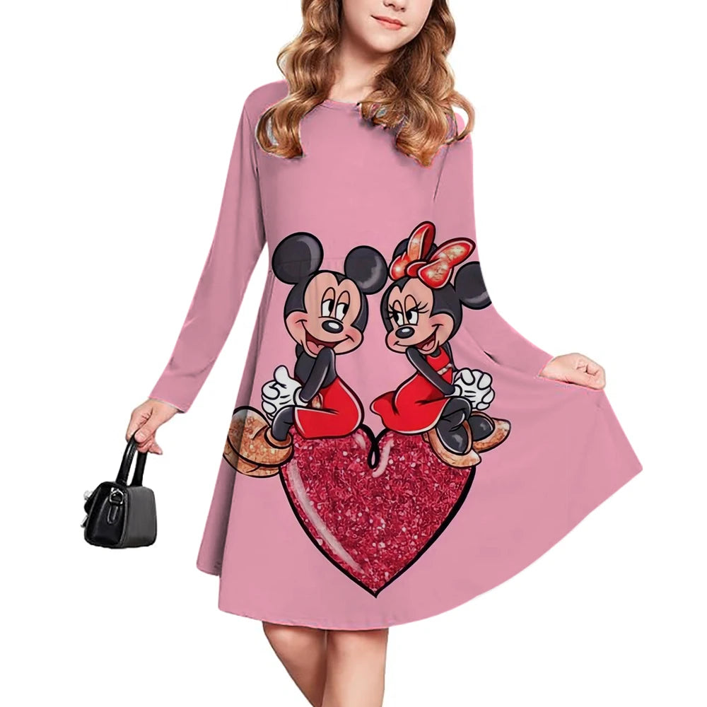 Spring and Autumn New Children's Clothing 3D Printed Romantic Disney Mickey Mouse Girls' Short sleeved Dress 3-14 Year Old Child
