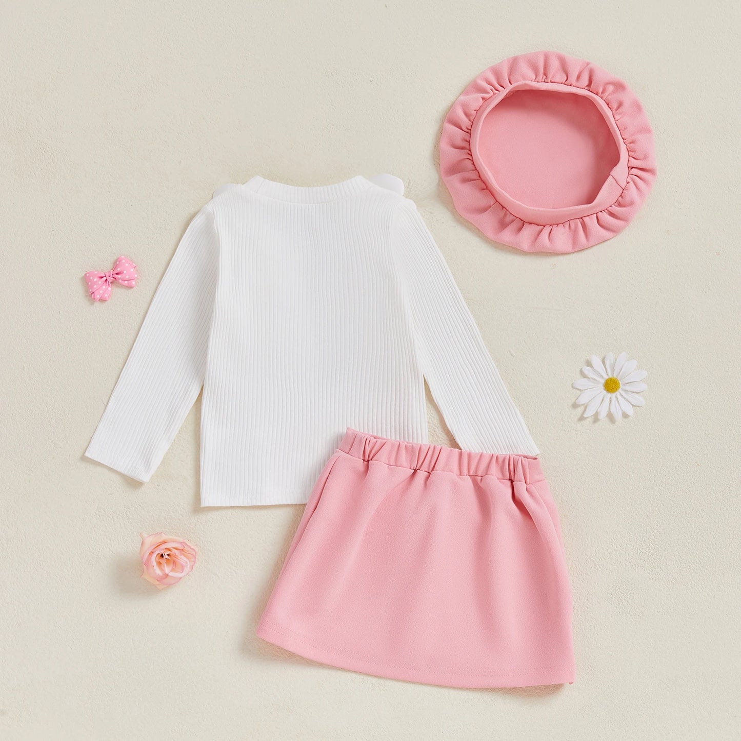 Infant Kids Baby Girls Autumn Skirt Outfits Long Sleeve 3D Flower Decor Ribbed Tops A-line Skirt Beret Set 6M-4T