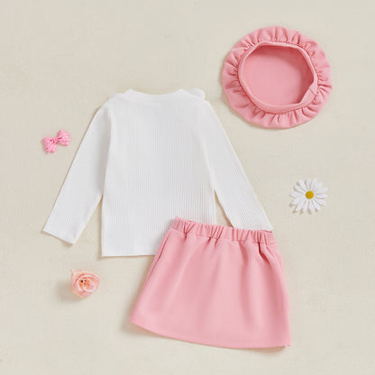 Infant Kids Baby Girls Autumn Skirt Outfits Long Sleeve 3D Flower Decor Ribbed Tops A-line Skirt Beret Set 6M-4T