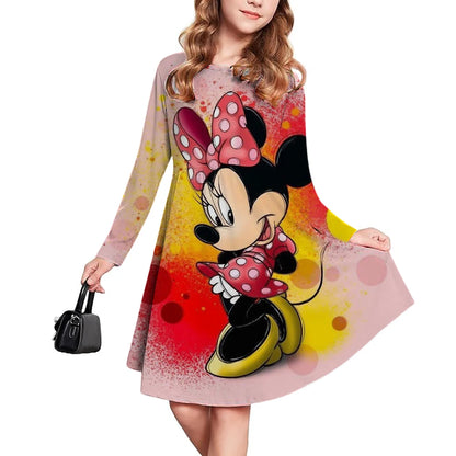 Spring and Autumn New Children's Clothing 3D Printed Romantic Disney Mickey Mouse Girls' Short sleeved Dress 3-14 Year Old Child