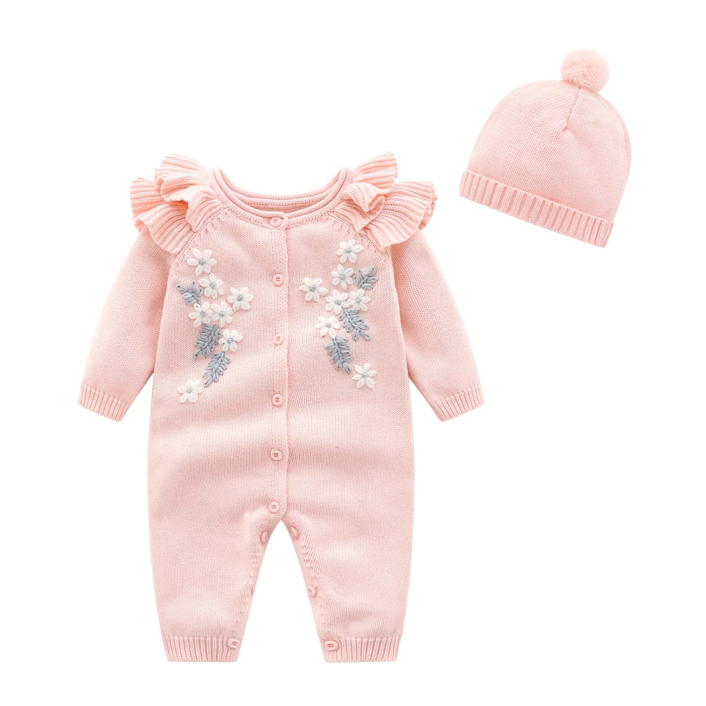 Spring New Toddler Baby Girl Knitting Romper+Hat Floral Embroidery Romper Long Sleeve Autumn Infant Baby Girls Knitting Jumpsuit