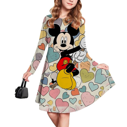 Spring and Autumn New Children's Clothing 3D Printed Romantic Disney Mickey Mouse Girls' Short sleeved Dress 3-14 Year Old Child