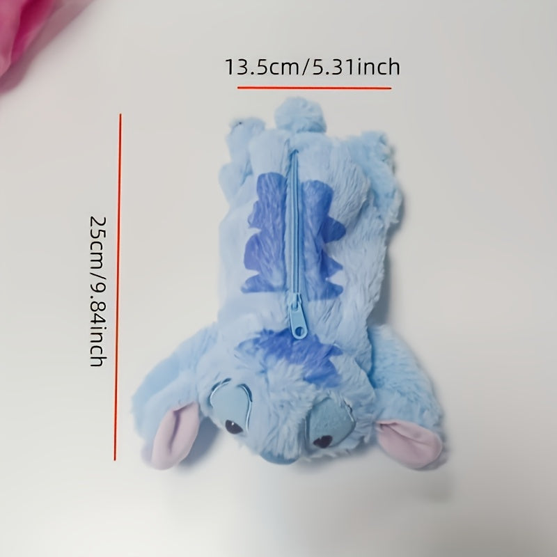 Cute Stitch Plush Pen Bag - Large Capacity Kawaii Anime Stationery Organizer, Makeup Pouch, Desk Storage Holder, Soft Blue Stitch Design with Bow Tie, Perfect Gift for Office or Home, Pen Holder Storage | Playful Design | Sof