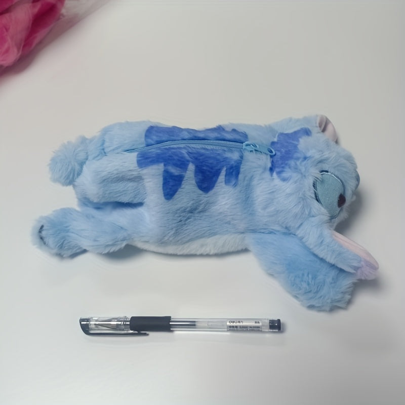 Cute Stitch Plush Pen Bag - Large Capacity Kawaii Anime Stationery Organizer, Makeup Pouch, Desk Storage Holder, Soft Blue Stitch Design with Bow Tie, Perfect Gift for Office or Home, Pen Holder Storage | Playful Design | Sof